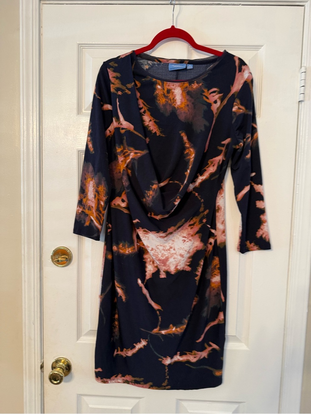 Simply Vera Vera Wang Navy Floral-Abstract Drape Neck Long Sleeve Dress